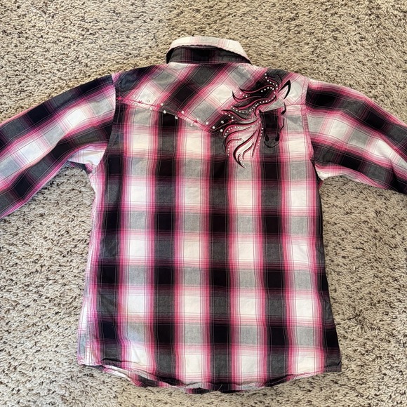Cowgirl Hardware Other - Cowgirl Hardware Girls M 7/8 Western Snap Shirt Pink Plaid Horse‎ Rhinestone